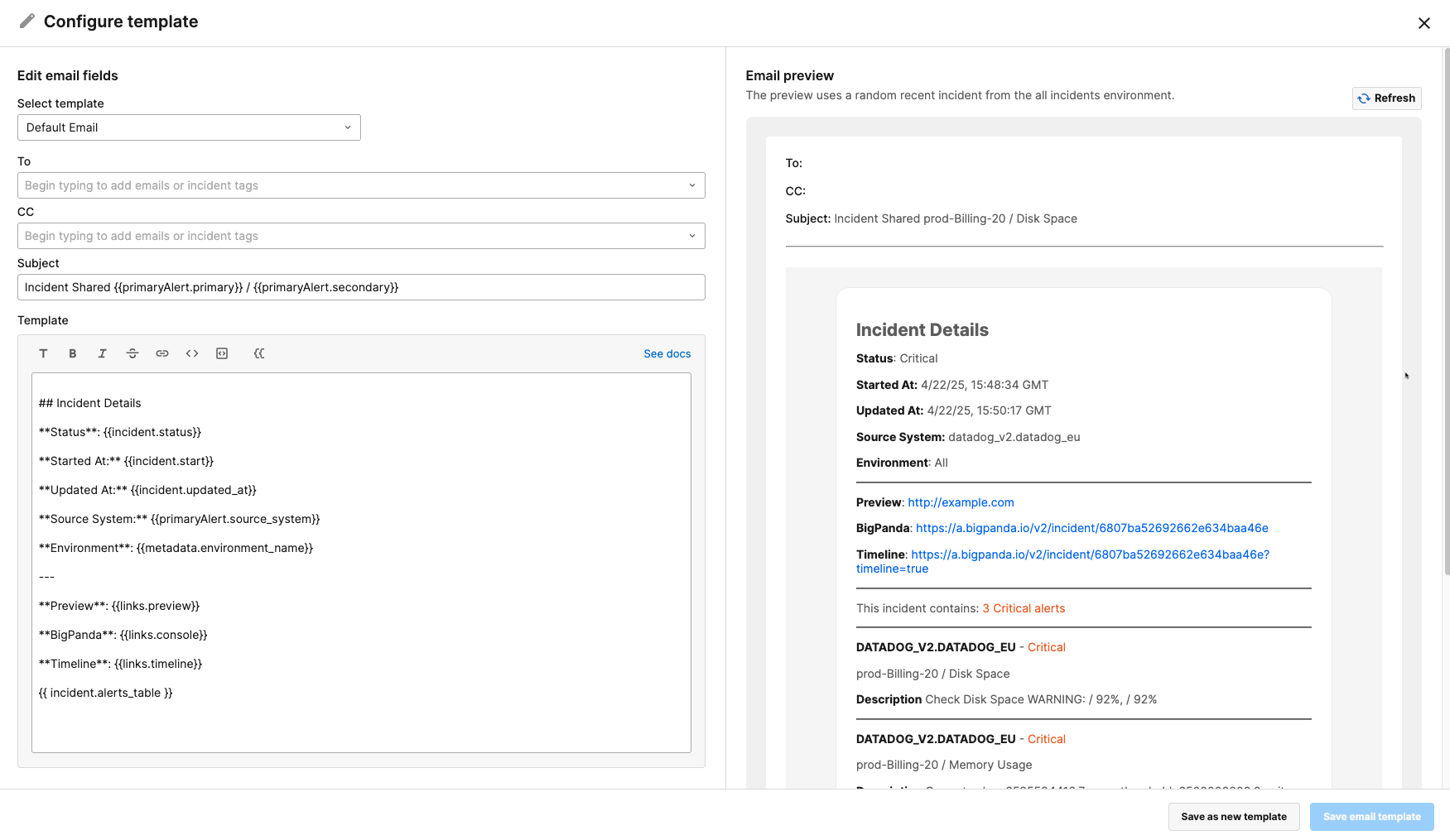Configure custom email templates/